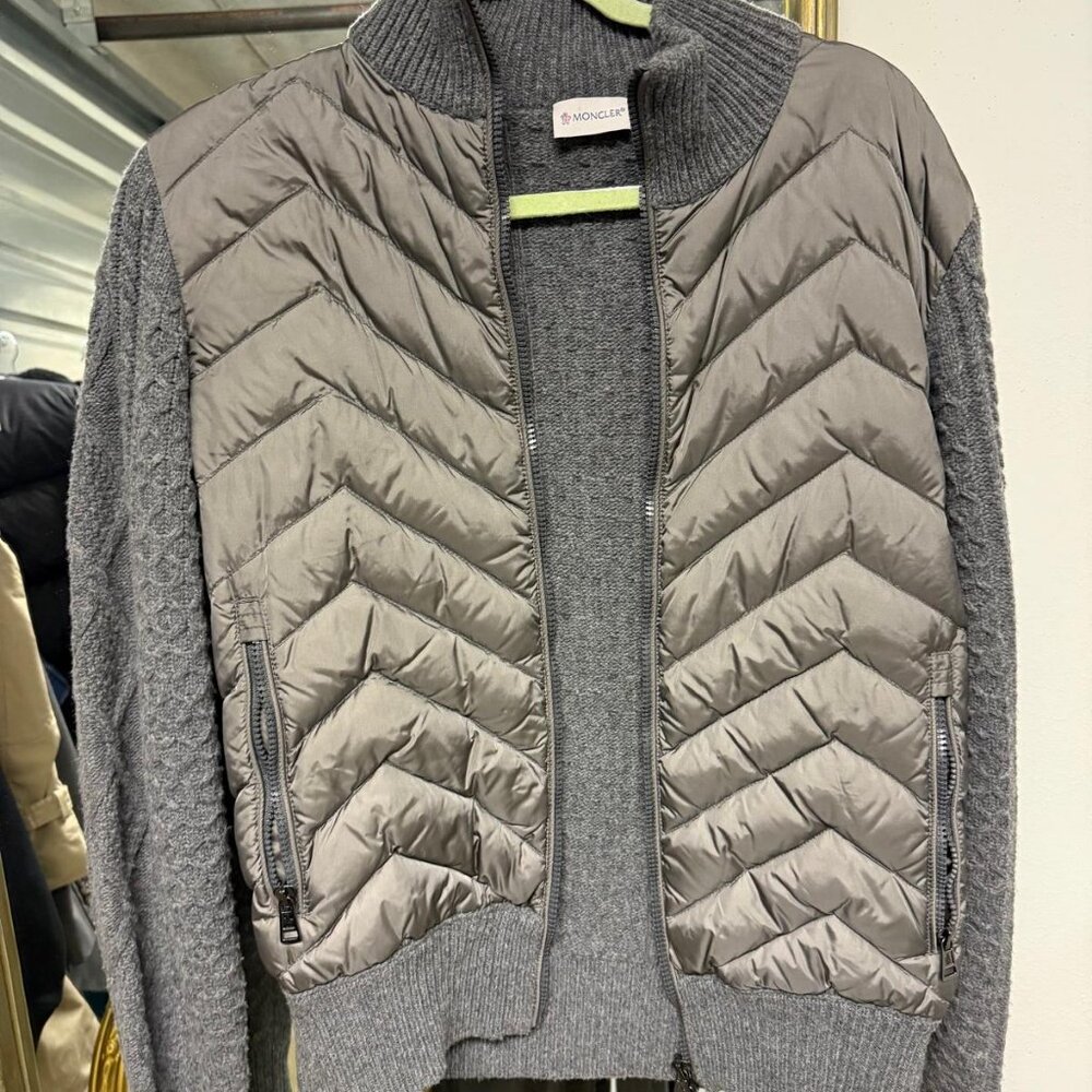 Moncler Grey Wool Cable Knit Down Puffer Zip Cardigan Jacket - Picture 2 of 4